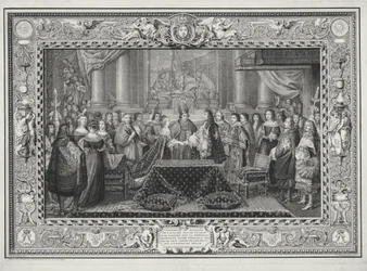 Marriage Ceremony of Louis XIV (1638-1715), King of France and Navarre, and the Infanta Maria Theresa of Austria (1638-83), daughter of Philip IV, King of Spain, in 1660, engraved by B. Jeaurat, 1731
